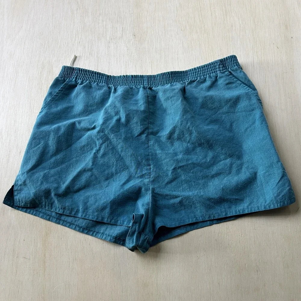 Vintage Action Scene Micro Shorts Womens 32 Blue Elastic Waist 2 Inseam Summer